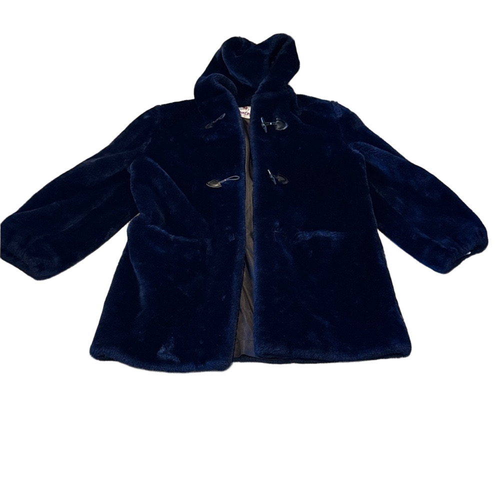 Monterey Fashions Navy Blue Faux Fur Coat Vintage Winter Jacket SIZE 16